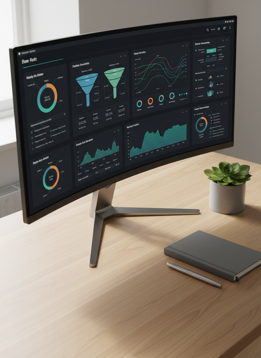 A clean, minimalist workspace featuring a wide ultrawide monitor on a light oak desk, showing a complex but beautifully organized data visualization dashboard with clear charts, funnels, and trend lines. Next to the monitor, a closed graphite-gray notebook, a slim pen aligned parallel to its edge, and a small concrete planter with a single green plant add texture. Indirect daylight from an unseen window washes across the desk, creating soft shadows and subtle highlights on the metallic monitor stand. Photographic realism, shot from a slightly elevated three-quarter angle, with crisp focus and a calm, analytical mood that suggests thoughtful insights and structured decision-making.