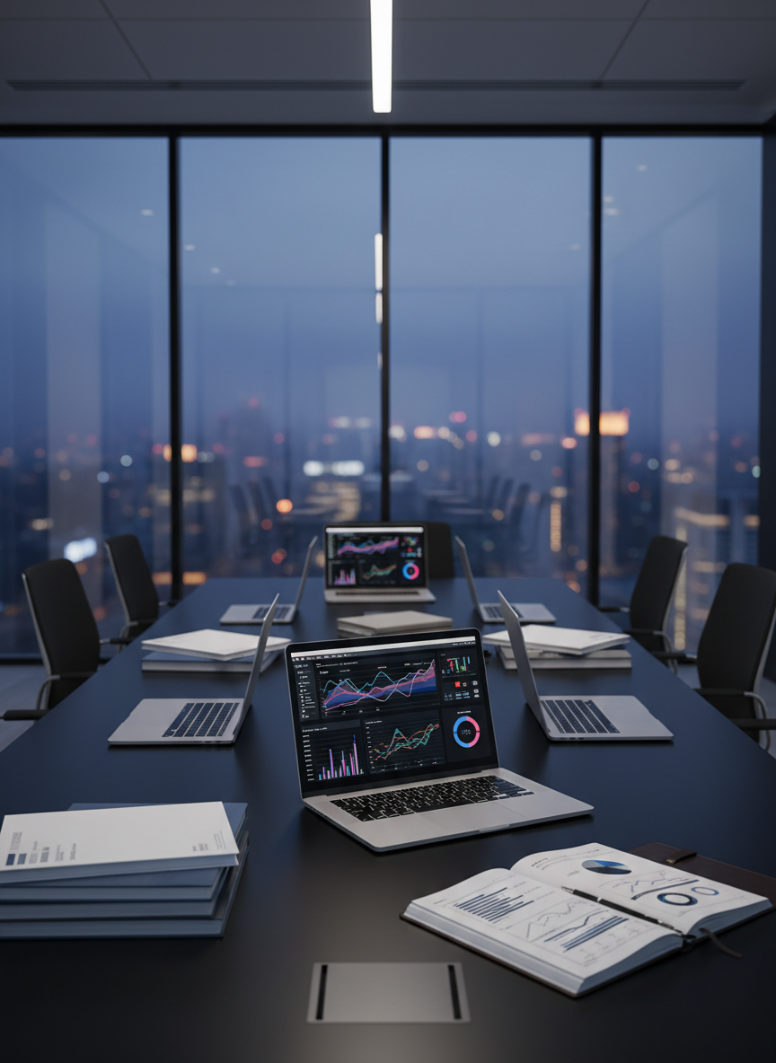 A sleek glass-walled conference room in a modern downtown office tower, viewed in photographic realism. At the center, a large matte black table is meticulously arranged with open laptops displaying colorful analytics dashboards, neatly stacked research reports, and a single notebook with precise handwritten charts. Through the floor-to-ceiling windows, an out-of-focus skyline at dusk glows with cool blue and amber lights. Soft, diffused overhead lighting and faint city reflections create a calm, focused atmosphere. Shot at eye level with a shallow depth of field, the table’s surface is in sharp focus while the background gently blurs, conveying strategic clarity and professional polish.