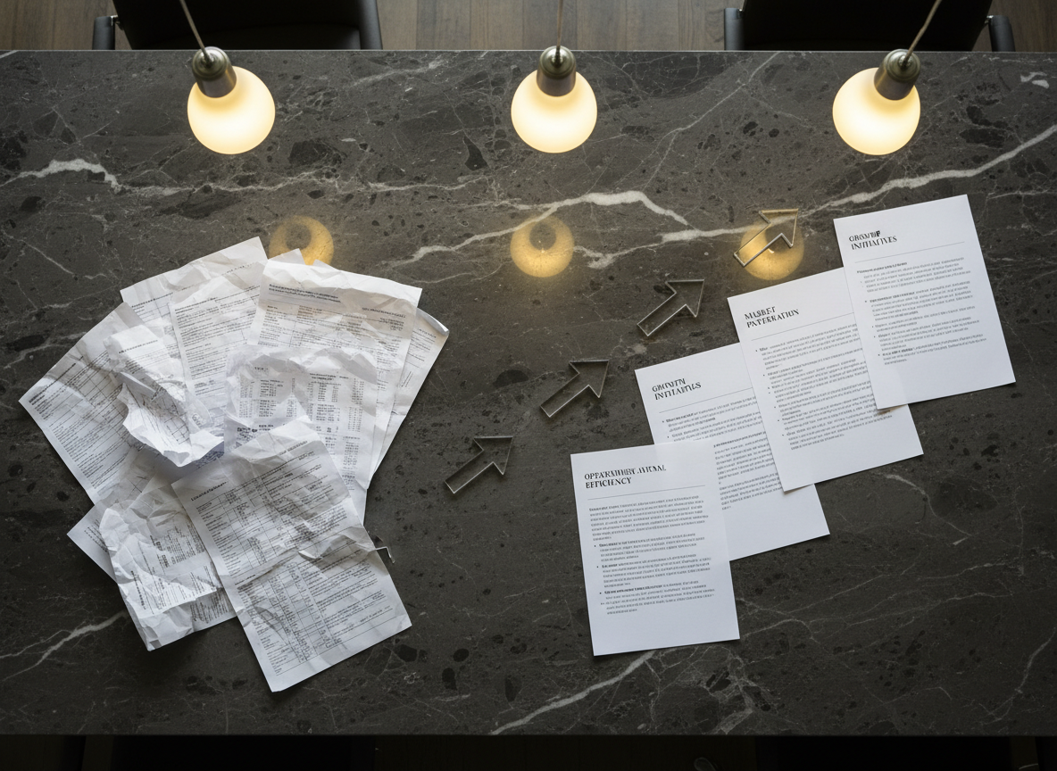 A polished dark stone boardroom table viewed from above, arranged as a visual metaphor for turning data into action. On one side, printed pages show dense tables of numbers and raw survey responses; on the other, simplified one-page strategy summaries with bold headings and concise bullet points. Between them, a diagonal line of transparent acrylic arrows points from data to strategy documents. Overhead pendant lights cast focused pools of warm light, making the papers’ textures and the stone’s subtle marbling stand out. Photographic realism, with a balanced top-down composition that feels decisive, orderly, and impact-driven.