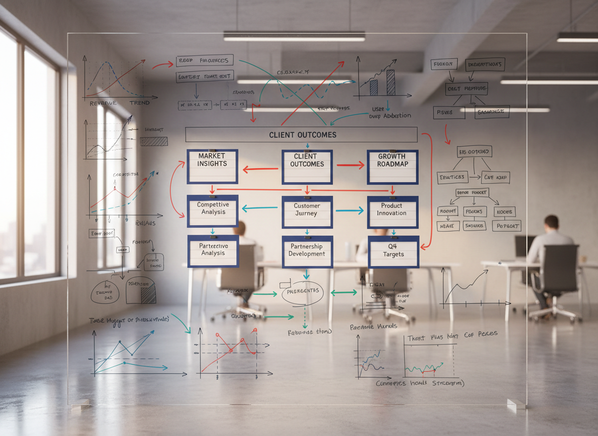 A large transparent acrylic wall board filled with neatly drawn strategic frameworks, annotated charts, and color-coded arrows, all rendered in photographic realism. Several magnetic cards display key phrases like “market insights,” “client outcomes,” and “growth roadmap,” aligned in clear columns. The board stands in a bright, open office with polished concrete floors and understated gray walls. Late afternoon natural light streams in from the left, creating a warm, focused glow across the diagrams and a faint reflection on the acrylic surface. Captured straight-on with moderate depth of field, the scene feels organized, forward-looking, and methodical, emphasizing clarity from complexity.