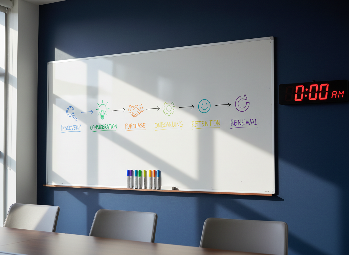 A long whiteboard stretching across a meeting room wall, covered in an orderly sequence of diagrams that map a client journey from discovery to renewal, each stage represented by simple icons and colored markers. Below, a narrow ledge holds perfectly aligned markers and an eraser. The room features a muted navy accent wall and a single large digital clock, reinforcing punctuality and discipline. Natural daylight filters in from a side window, creating soft, directional light that emphasizes the texture of the marker strokes. Photographic realism, captured from an angle down the length of the board, creating depth and a sense of momentum, evoking structured strategy and scalable processes.