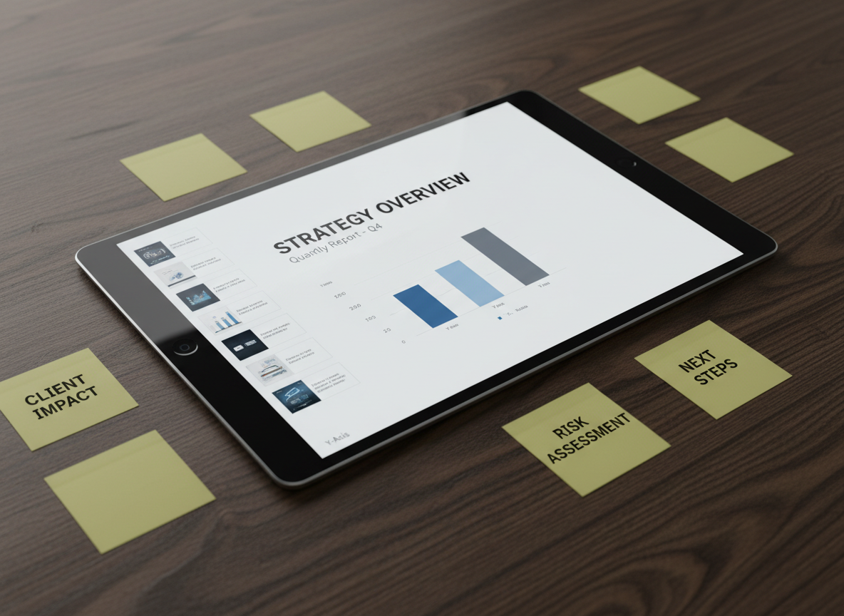An oversized digital tablet lying flat on a dark walnut table, its luminous screen displaying a multi-layered research presentation: slide thumbnails on one side, a central slide with a bold, simple headline, and a clean bar chart in brand-neutral blues and grays. Around the tablet, discreetly placed sticky notes with concise, typed-looking labels such as “client impact,” “risk,” and “next steps” create a sense of structured planning. Soft studio lighting from above highlights the tablet’s glass surface and the subtle grain of the wood, casting gentle shadows that add depth. Photographic realism, shot from a slightly elevated angle, with a professional, focused, and quietly confident atmosphere.